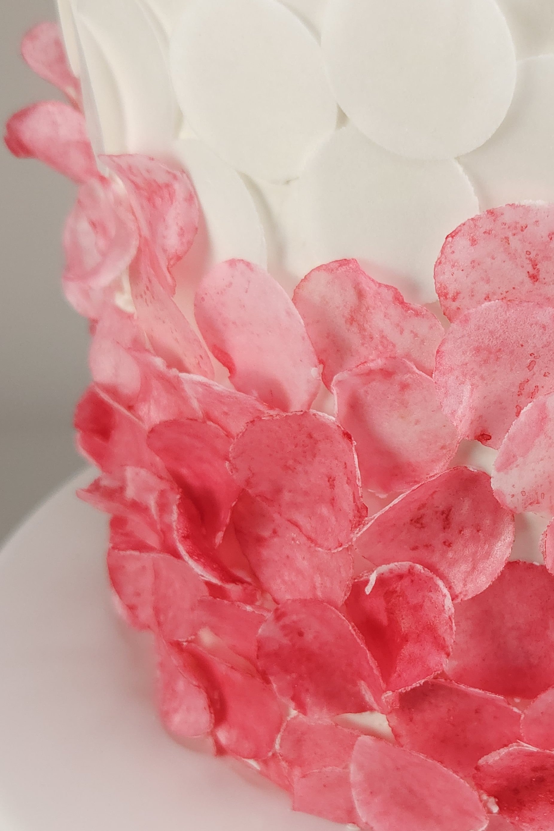 Detailaufnahme von handgefertigten roséfarbenen Zucker-Pailletten auf einer eleganten 2-stöckigen Torte – edles Tortendesign aus Berlin.