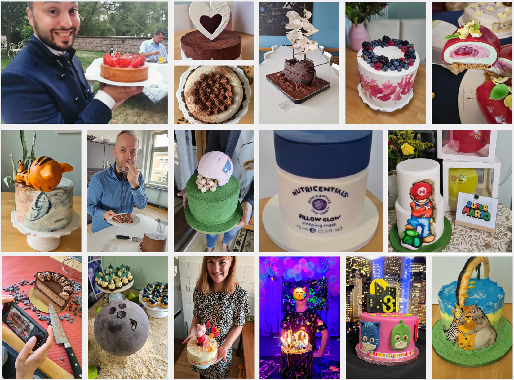 Collage aus individuellen Design-Torten für verschiedene Anlässe – von Kindergeburtstag und Hochzeit über Business-Motive bis hin zu Figuren- und Themen­torten. Glückliche Kunden präsentieren stolz ihre Torte